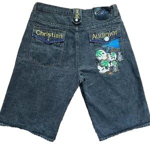 Y2K Christian Audigier Skulls And Pot Leafs Embroidered JNCO Style Jean Shorts